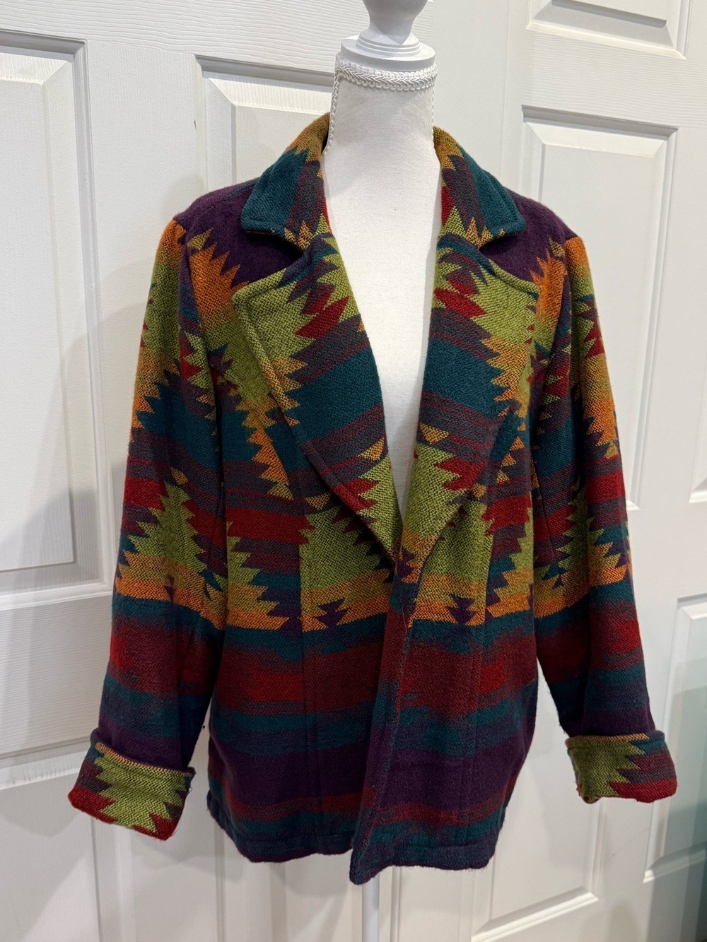 Southwestern Aztec Open Front Jacket Blanket Coat Boho Tribal Shacket - Picture 9 of 12